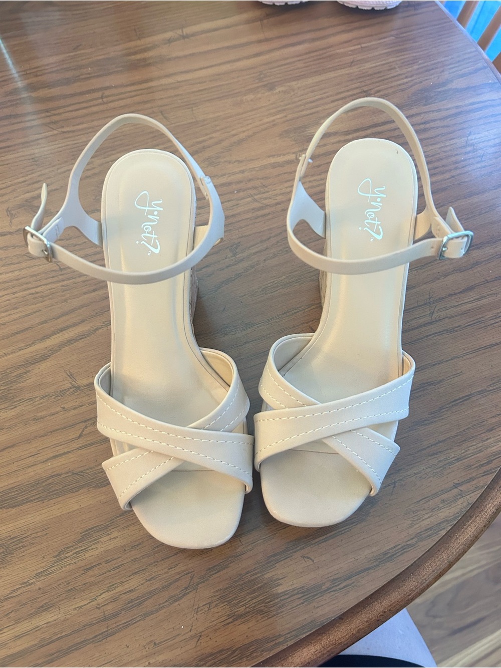 Ynot Doris Cream Crisscross Ankle-Strap Wedge Heels